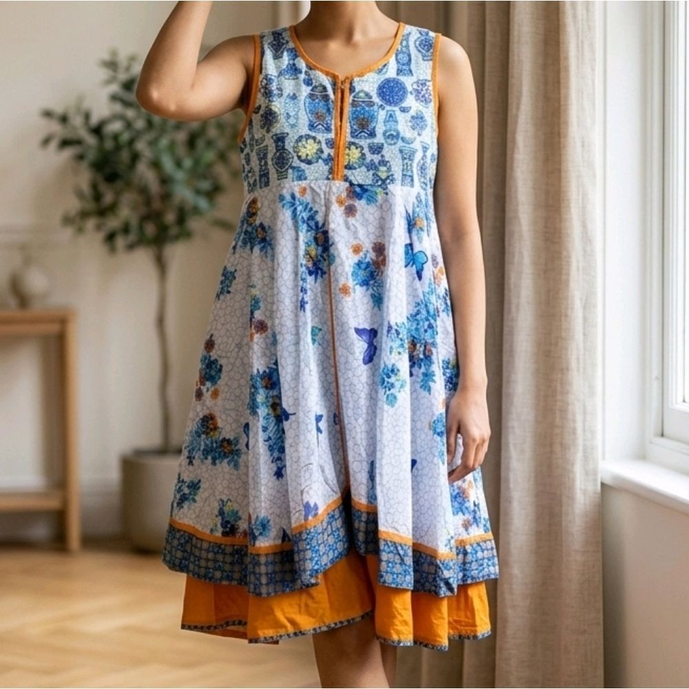 BIBA Girls Butterfly Kurta Dress 14/16 Blue Floral Asymmetrical Indian Tunic